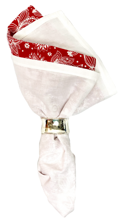 White Solid Color Bandanna 4 Pack - Cotton 22x22 on display with a red pattern detail, showcasing versatility and quality stitching.