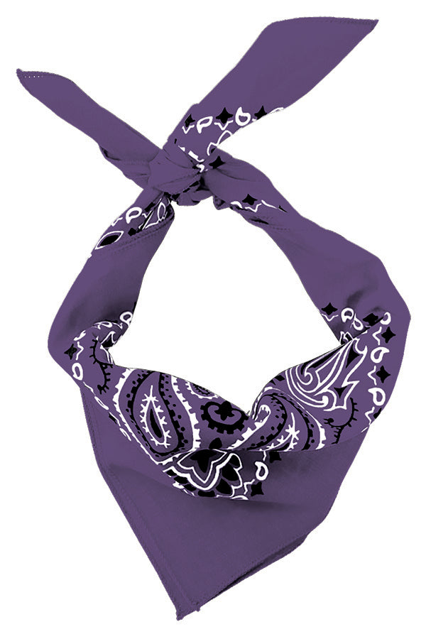 4-Pack USA Made Paisley Bandanna - PLUM tied in a stylish knot, showcasing the traditional paisley design.