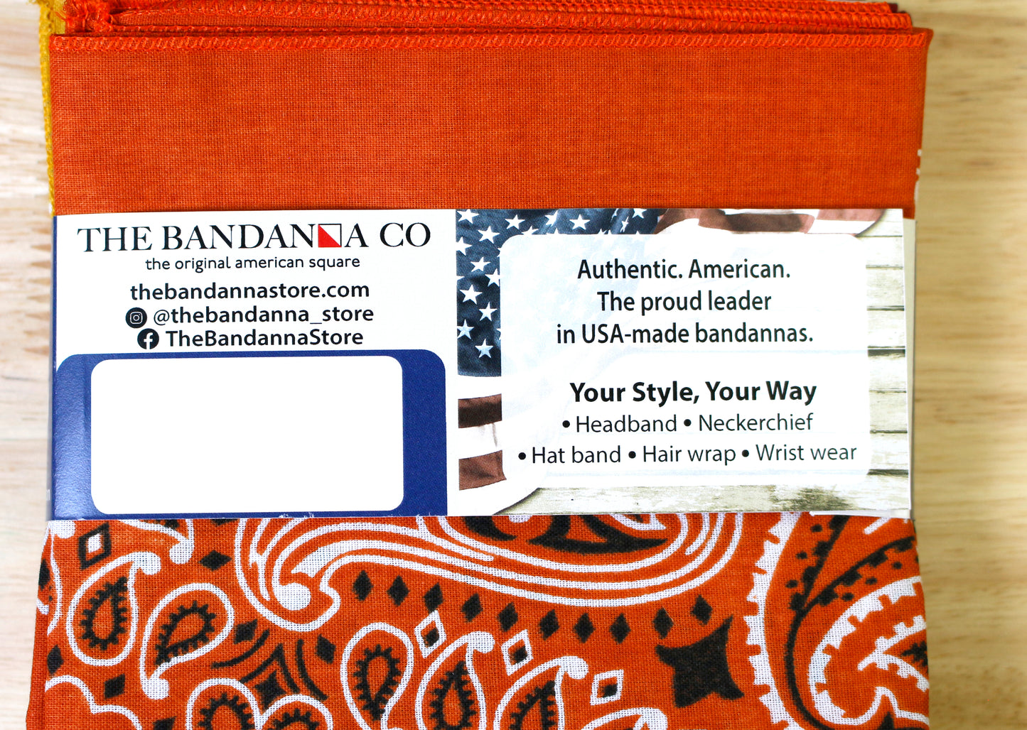 Rustic Bandanna Assortment 4 Pack - Made In The USA packaging showing colorful bandannas and brand details.