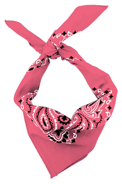 4-Pack USA Made Paisley Bandanna - STRAWBERRY tied in a stylish knot showcasing its traditional design.