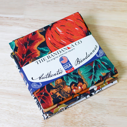 Thankful Threads Bandanna Assortment 4-Pack - Made In The USA displayed with colorful floral patterns.