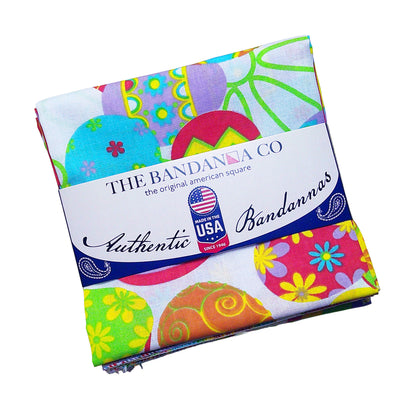 TOSSED EGGS - 22" Bandanna - 4-Pack with colorful paisley design, 100% cotton, made in USA, perfect for Spring or Easter.