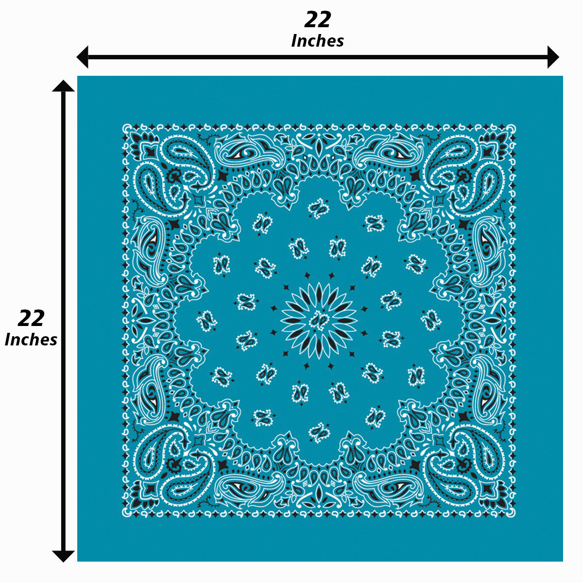 Turquoise Paisley Bandanna 4 Pack – Cotton 22x22 with traditional paisley design, two-sided print, USA made, 22x22 inches.