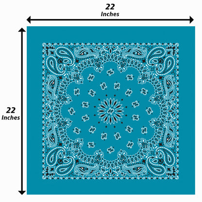 Turquoise Paisley Bandanna 4 Pack – Cotton 22x22 with traditional paisley design, two-sided print, USA made, 22x22 inches.
