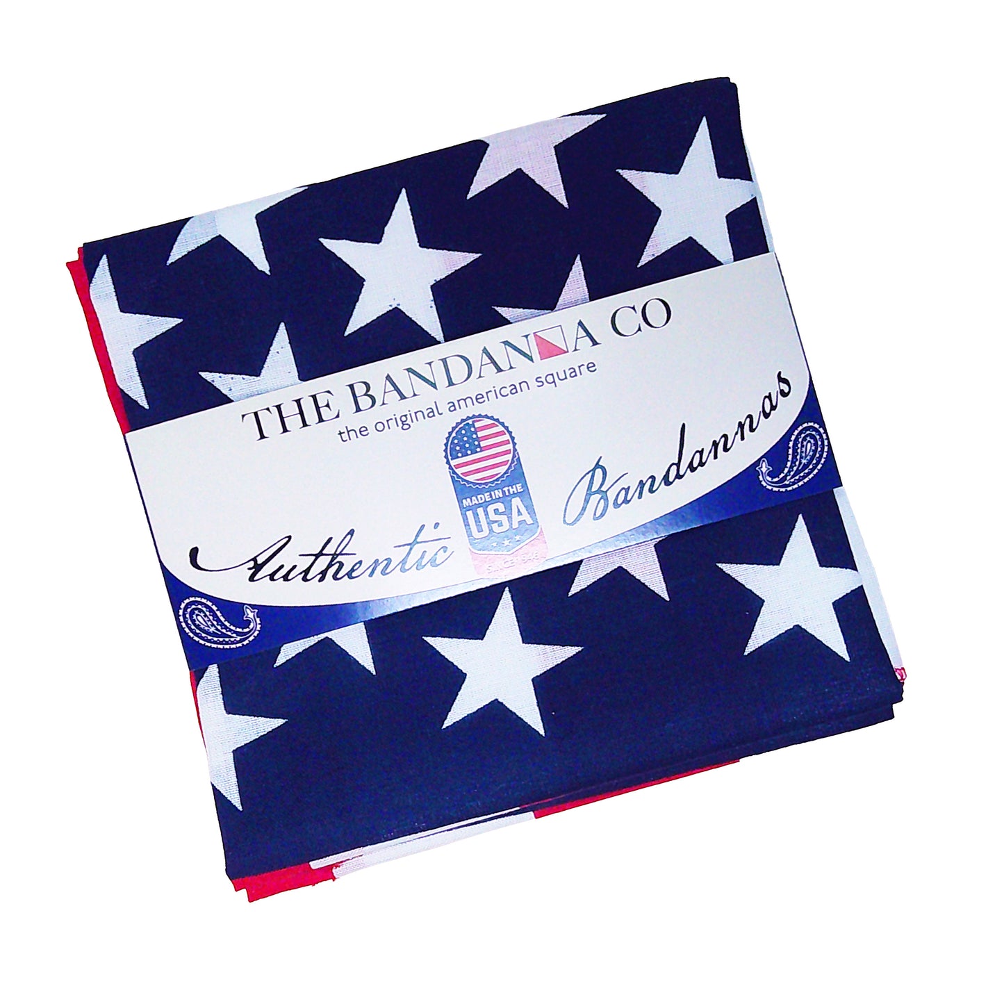 American Flag Bandanna - 4-Pack - Made In The USA with star pattern, 100% cotton, 22 by 22 inches, authentic bandannas display.