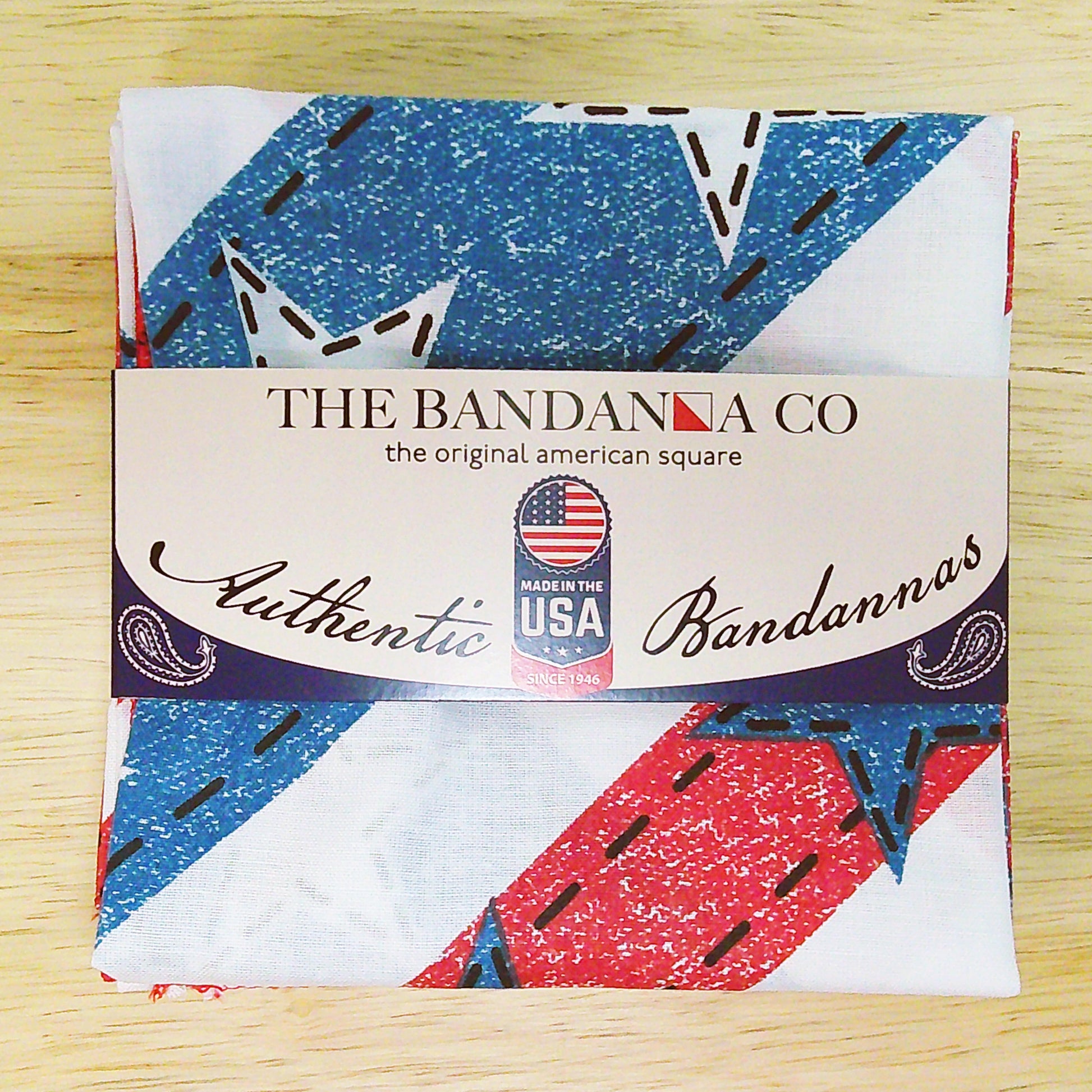 American Denim Bandanna - 4-Pack - Made In The USA, 100% cotton, patriotic design, product packaging, The Bandanna Co. brand, closeup view.