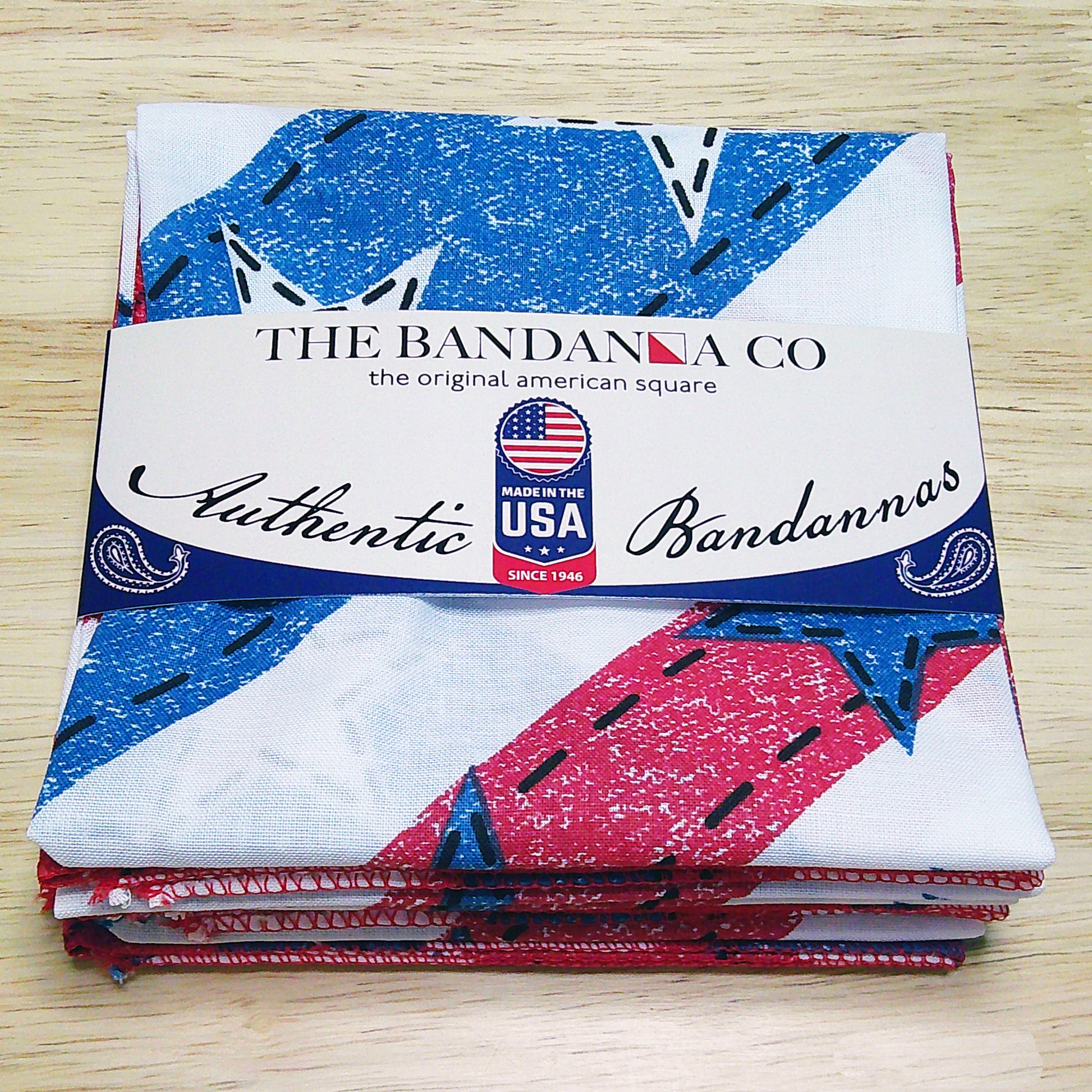 American Denim Bandanna - 4-Pack - Made In The USA, authentic 100% cotton bandannas featuring classic design, packaged for sale.