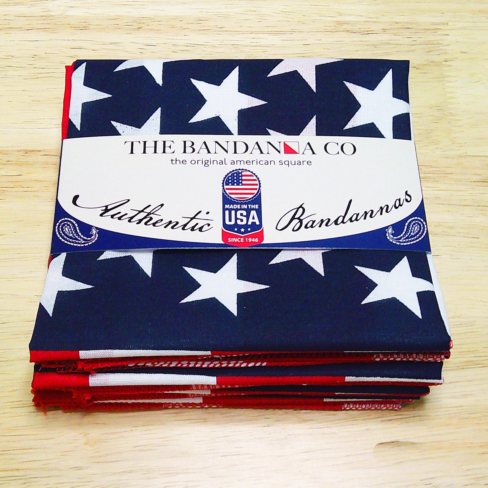 American Flag Bandanna - 4-Pack - Made In The USA, 100% cotton bandannas with star pattern, packaged and labeled "Authentic Bandannas".