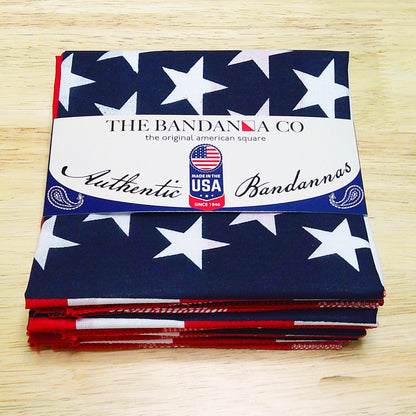 American Flag Bandanna - 4-Pack - Made In The USA, 100% cotton bandannas with star pattern, packaged and labeled "Authentic Bandannas".