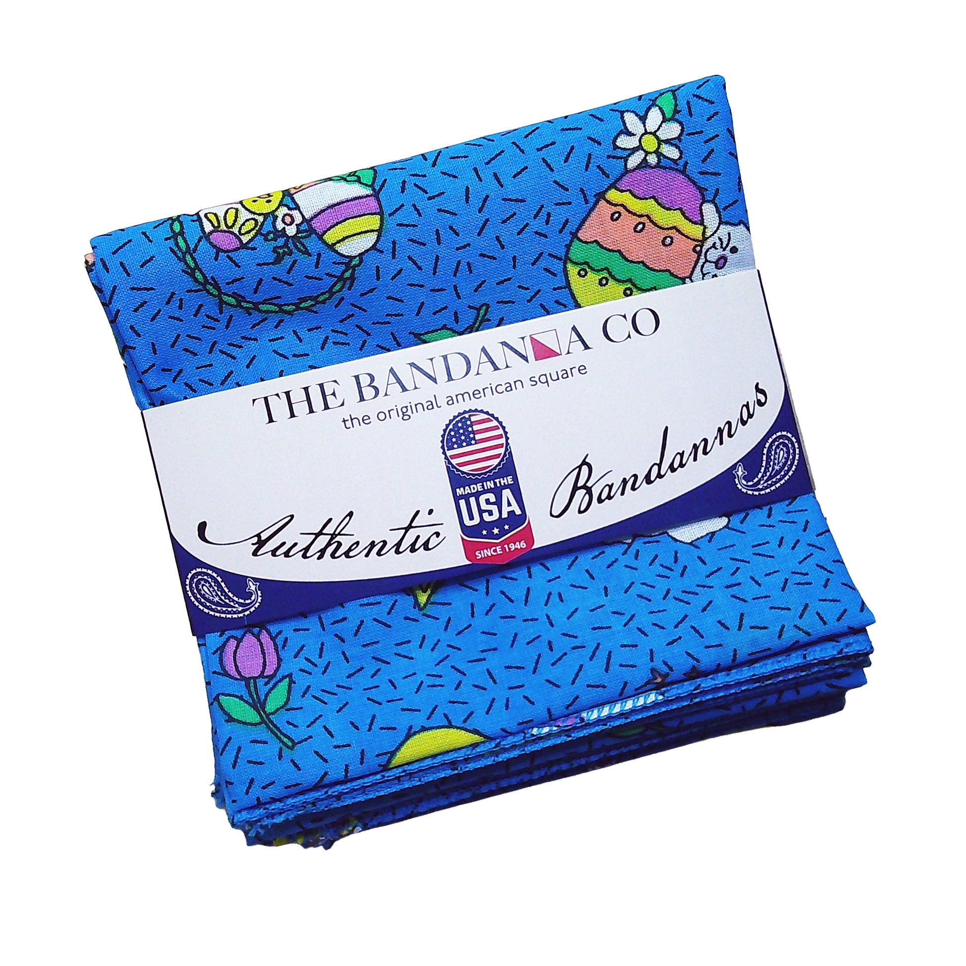 BUNNY PATCH - 22" Bandanna - 4-Pack with paisley design, made in USA, 100% cotton, perfect for Spring or Easter, 22x22 inches