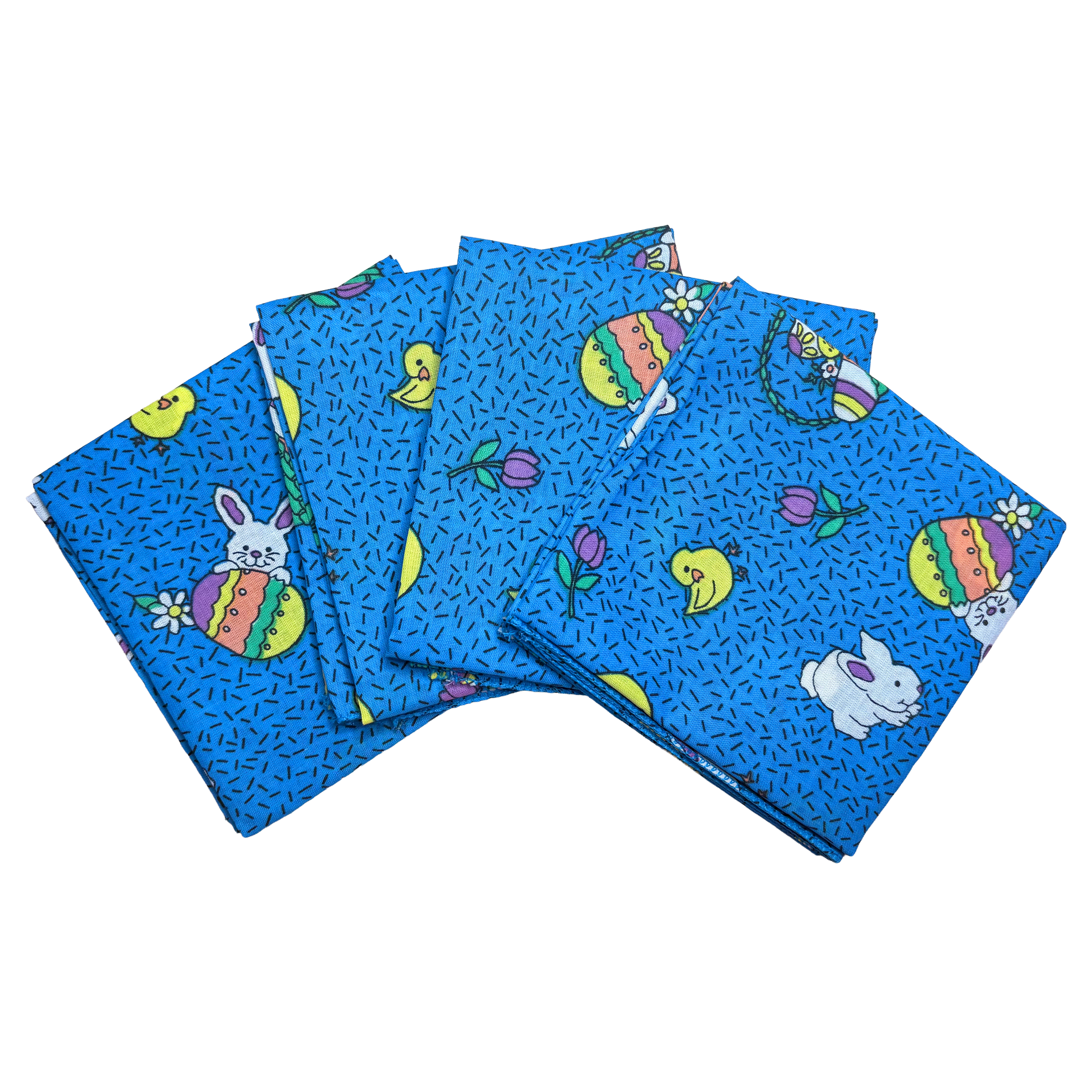 BUNNY PATCH - 22" Bandanna - 4-Pack featuring Easter and spring designs, made in the USA with 100% cotton, 22x22 inch size.