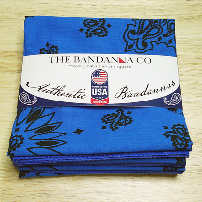 Contemporary Paisley Bandannas - 4-Pack, made in the USA, 100% cotton, 22" x 22", blue with black paisley design.