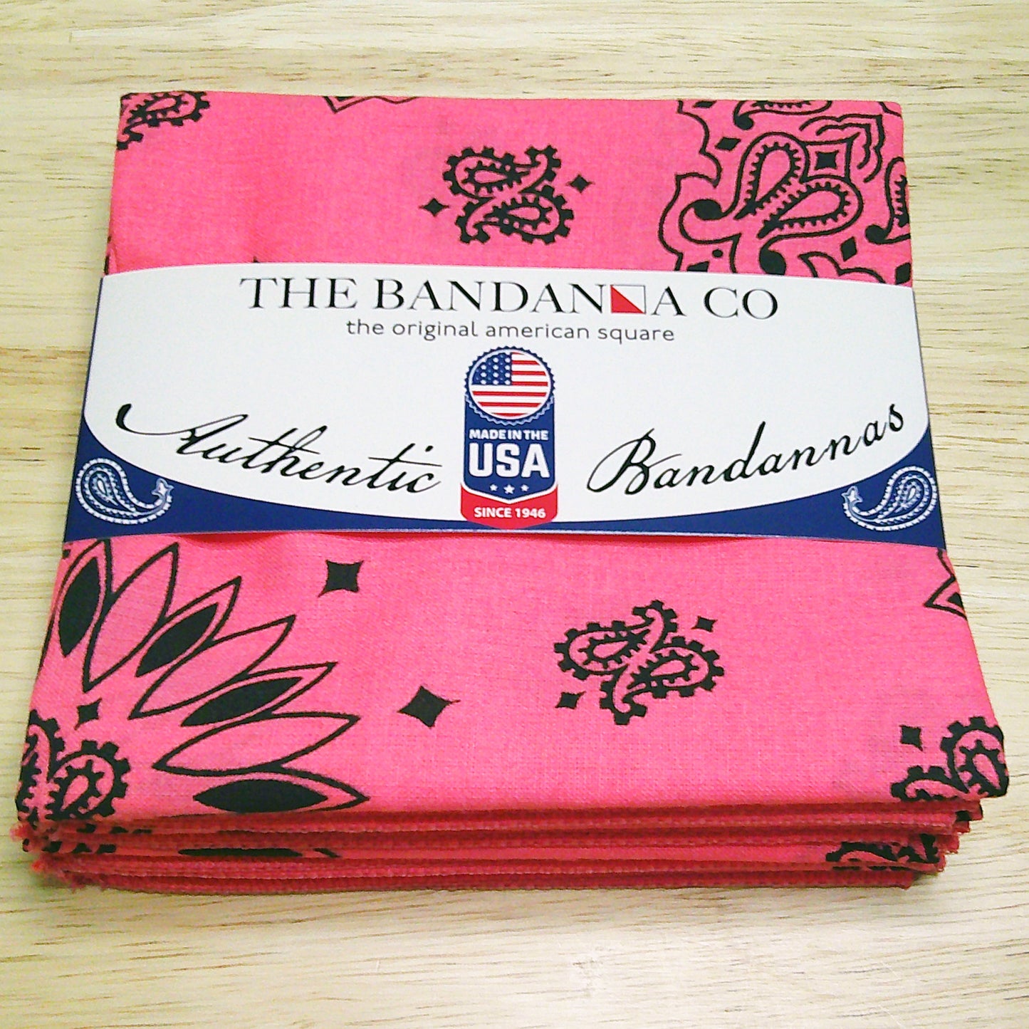 Contemporary Paisley Bandannas - 4-Pack, pink color, authentic design, made in USA, rolled hem edges, 100% cotton, 22 x 22 inches.