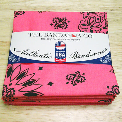 Contemporary Paisley Bandannas - 4-Pack, pink color, authentic design, made in USA, rolled hem edges, 100% cotton, 22 x 22 inches.