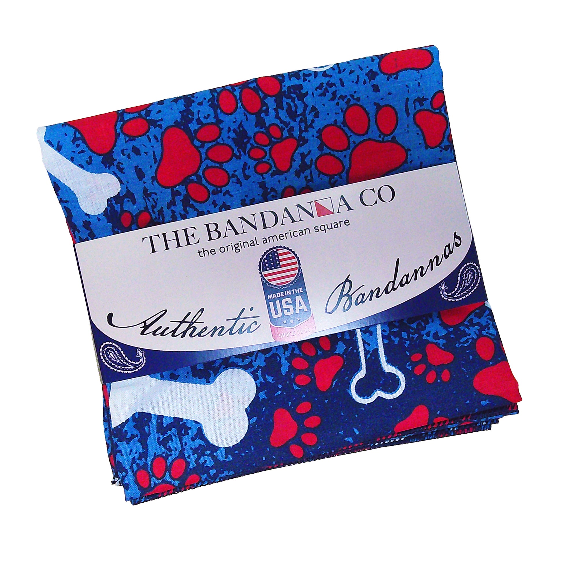 Patriotic Bones Bandanna - 4-Pack - Made In The USA, displaying red paw prints and bone design on a blue background, 100% cotton.