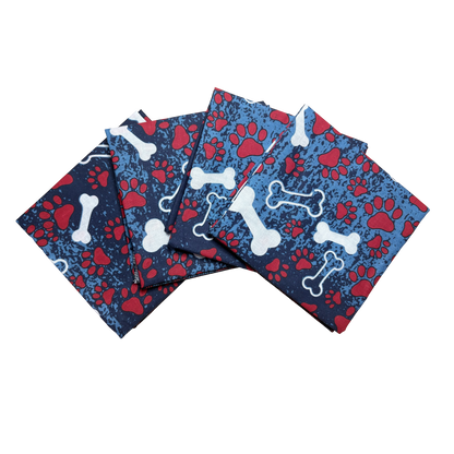 Patriotic Bones Bandanna - 4-Pack - Made In The USA with red paw and bone pattern, 100% cotton, 22" x 22" size