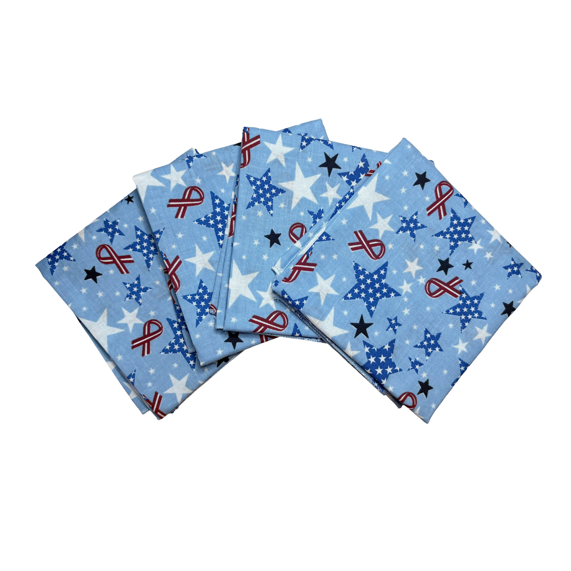 Ribbons and Stars Bandanna - 4-Pack - Made In The USA, featuring blue fabric with star and ribbon design, 100% cotton, 22" x 22".