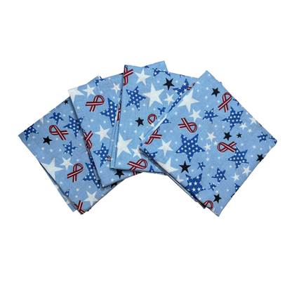 Ribbons and Stars Bandanna - 4-Pack - Made In The USA, featuring blue fabric with star and ribbon design, 100% cotton, 22" x 22".