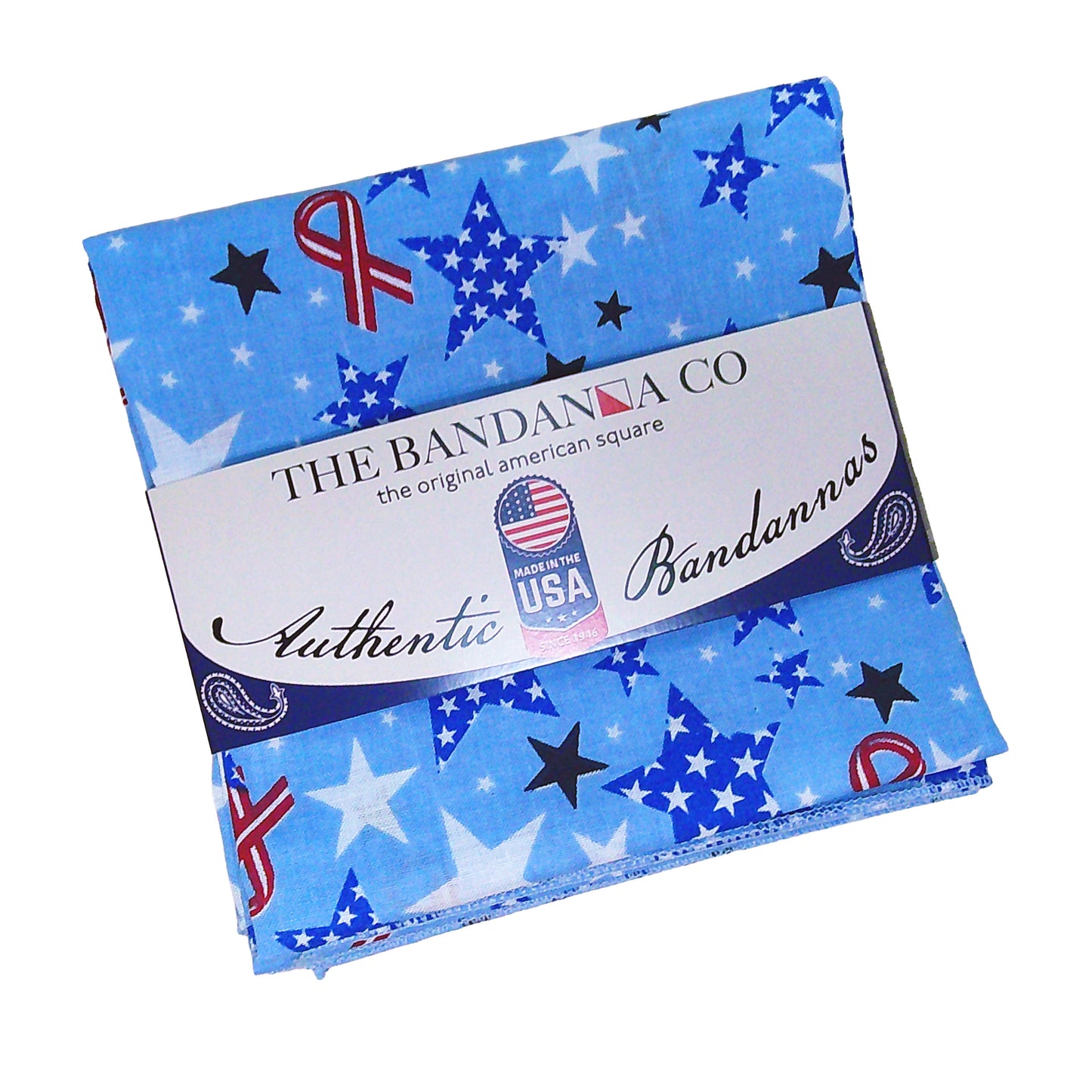 Ribbons and Stars Bandanna - 4-Pack - Made In The USA, blue design with stars and ribbons, 100% cotton, size 22″ x 22″.