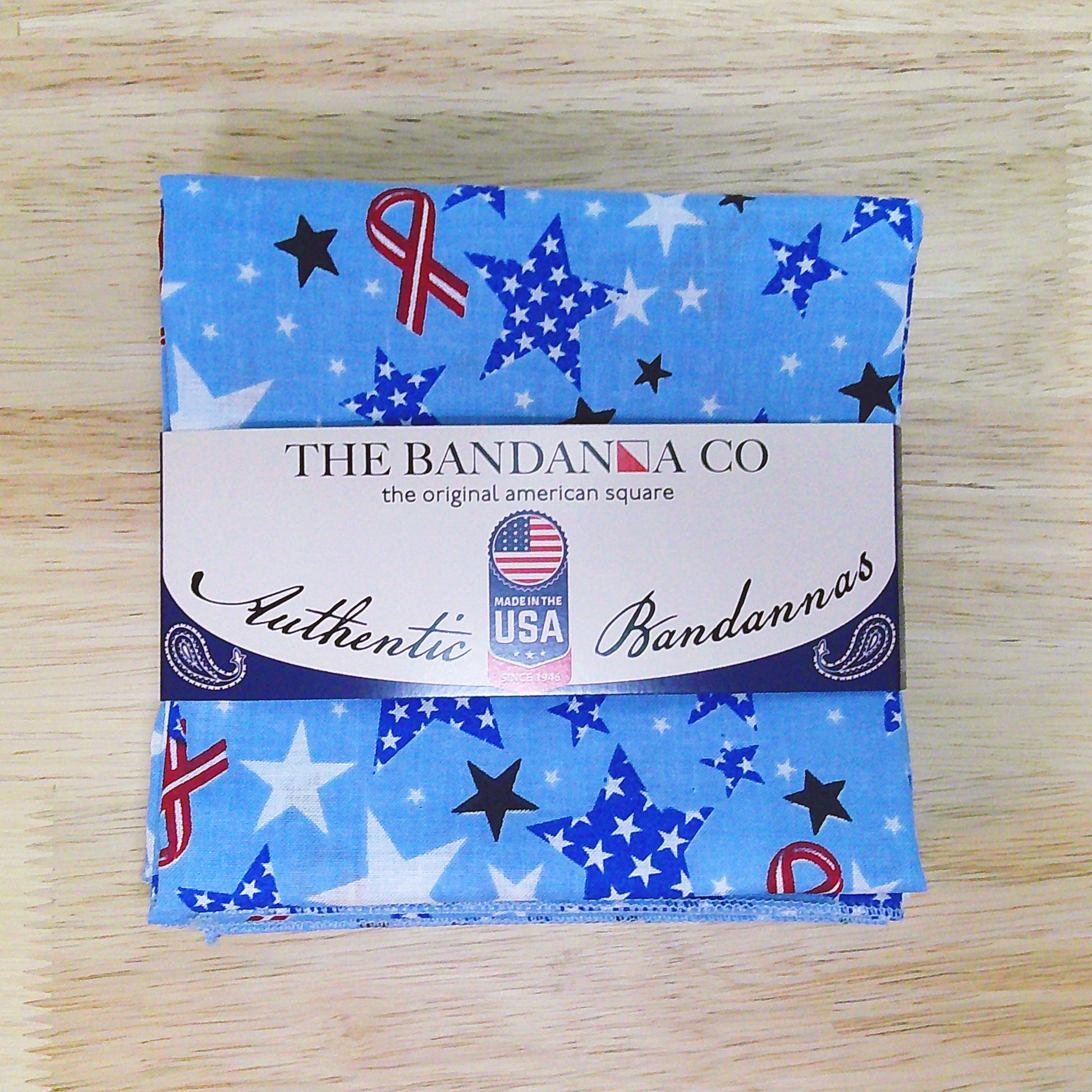 Ribbons and Stars Bandanna - 4-Pack - Made In The USA, 100% cotton, blue with stars and ribbons design, 22x22 inches, authentic bandannas
