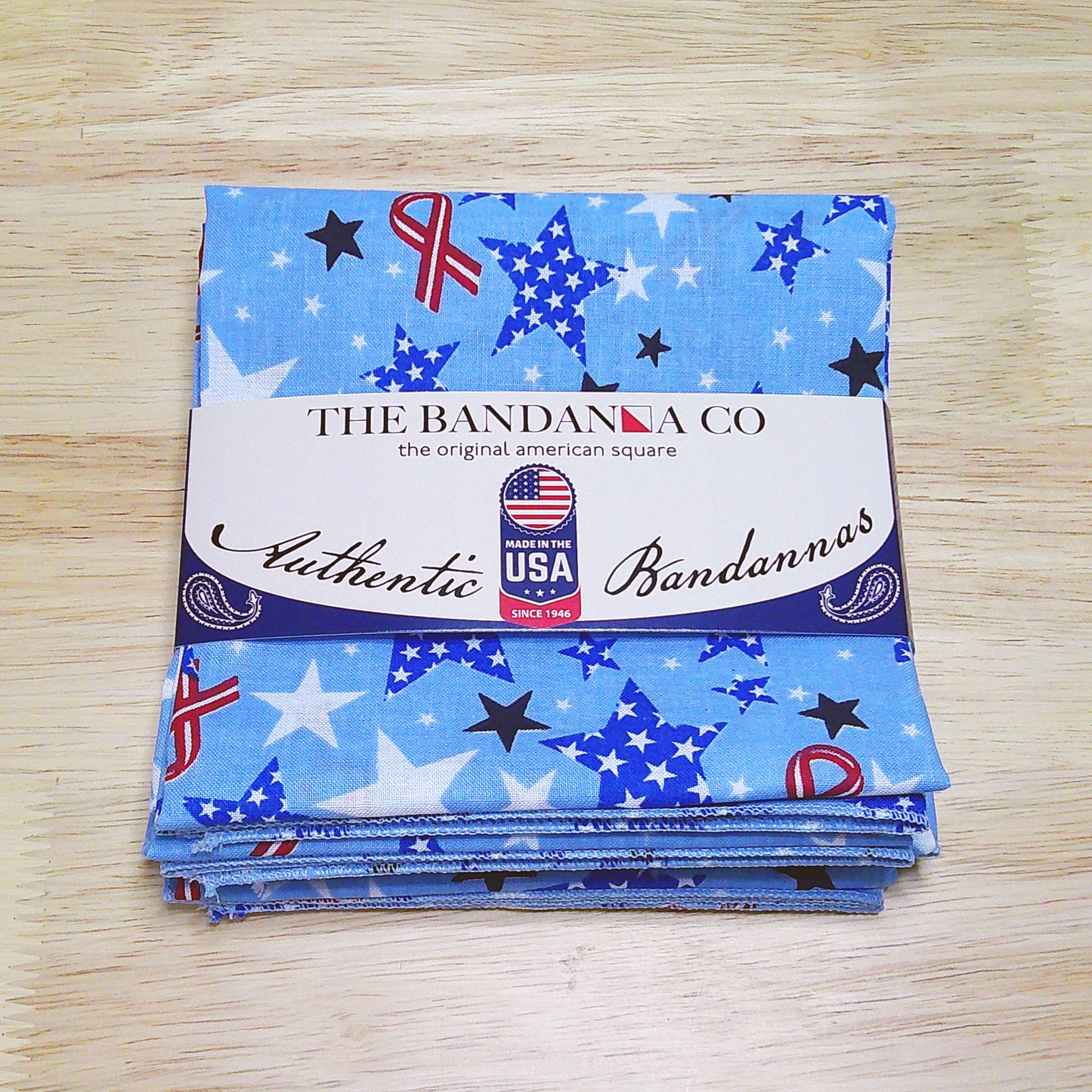 Ribbons and Stars Bandanna - 4-Pack - Made In The USA, 100% cotton, featuring American flag colors and patriotic design, 22-inch square.