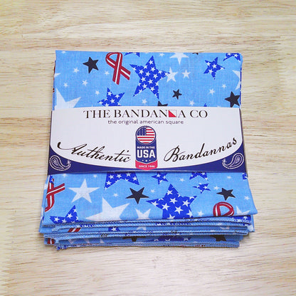 Ribbons and Stars Bandanna - 4-Pack - Made In The USA, 100% cotton, featuring American flag colors and patriotic design, 22-inch square.