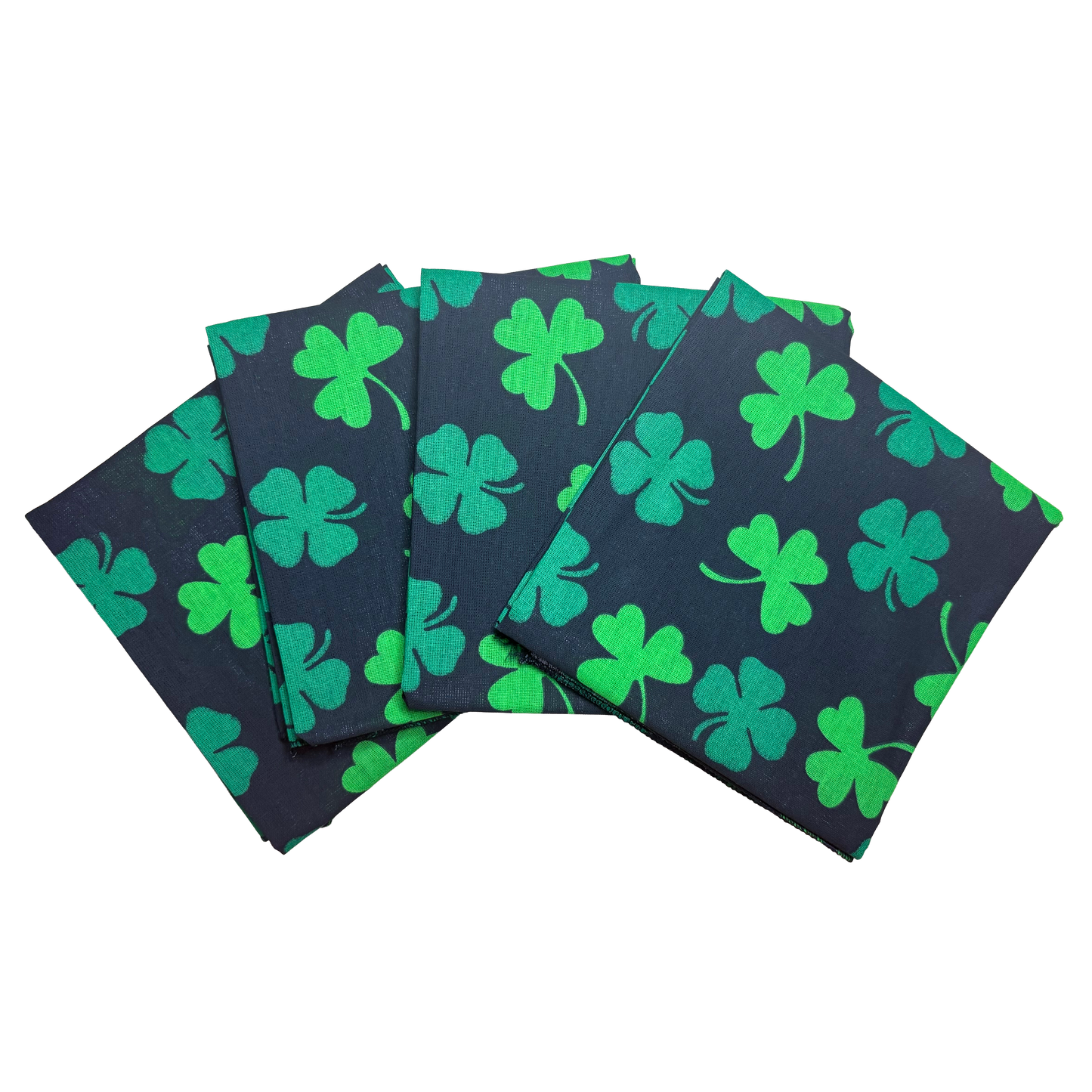 SHAMROCKS - 22" Bandanna - 4-Pack, 100% cotton, St. Patty's Day design, made in USA, displayed with green shamrocks on black background.