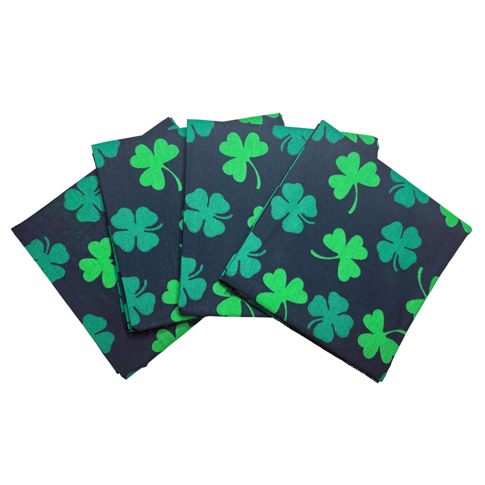 SHAMROCKS - 22" Bandanna - 4-Pack, 100% cotton, St. Patty's Day design, made in USA, displayed with green shamrocks on black background.