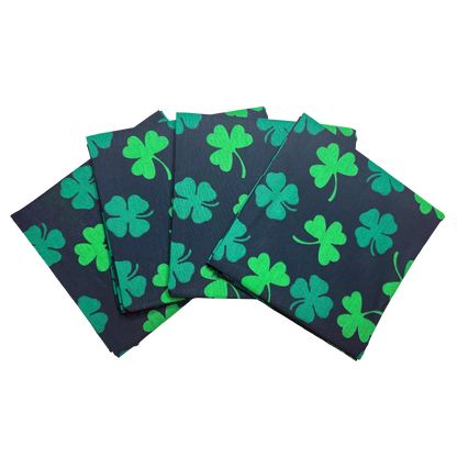 SHAMROCKS - 22" Bandanna - 4-Pack, 100% cotton, St. Patty's Day design, made in USA, displayed with green shamrocks on black background.