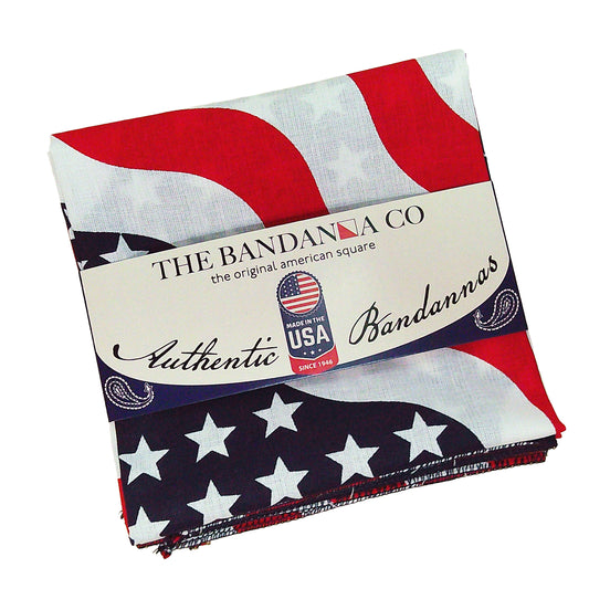 Stars and Stripes Bandanna - 4-Pack - Made In The USA, 100% cotton patriotic bandanna with American flag design, 22x22 inches.