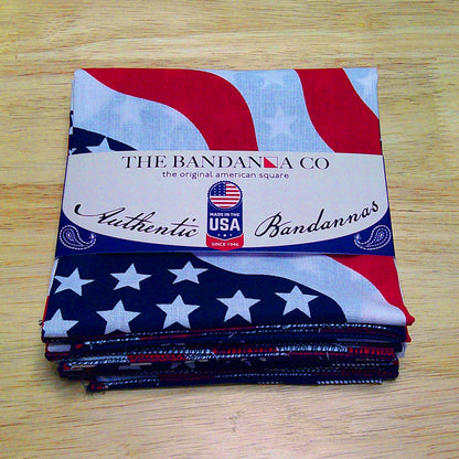Stars and Stripes Bandanna - 4-Pack - Made In The USA, 100% cotton, featuring American flag design, folded and packaged, authentic bandannas.