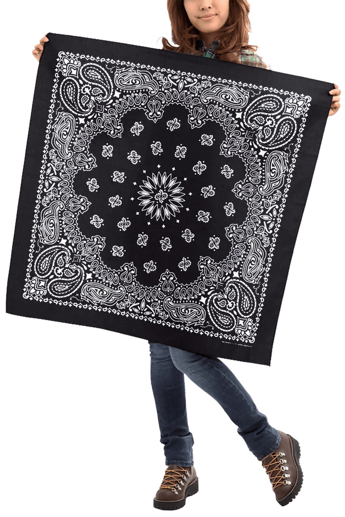girl holding 35" black bandanna