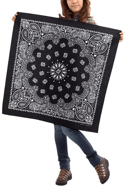 girl holding 35" black bandanna