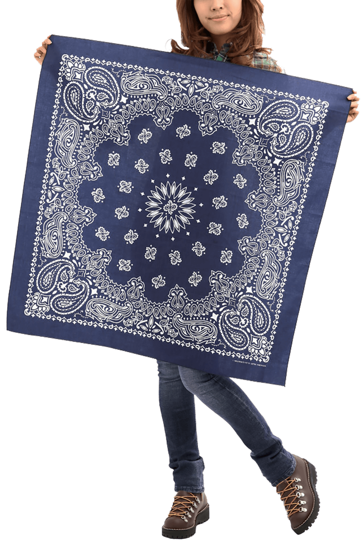 girl holding 35" navy blue bandana