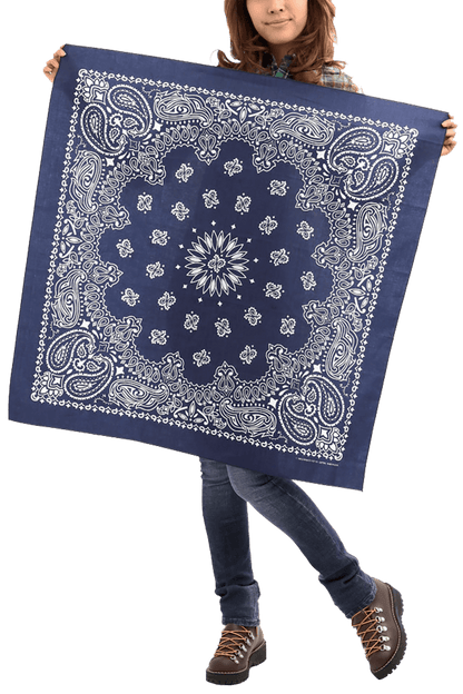 girl holding 35" navy blue bandana